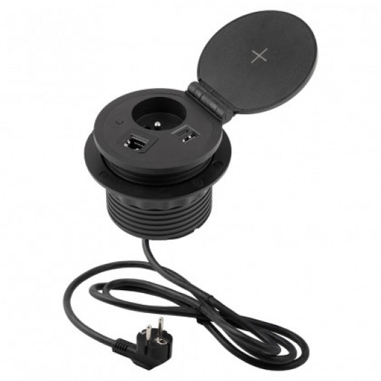 Zásuvka vstavaná 1x 230V,1x USB A/C,bezdrôtové nabíjanie čierna