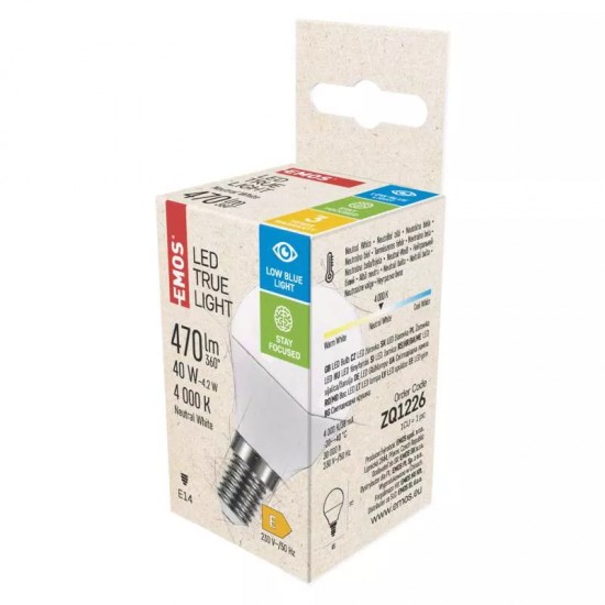 Žiarovka LED EMOS E14 4,2W True Light G45 (ZQ1226) ilum. NW